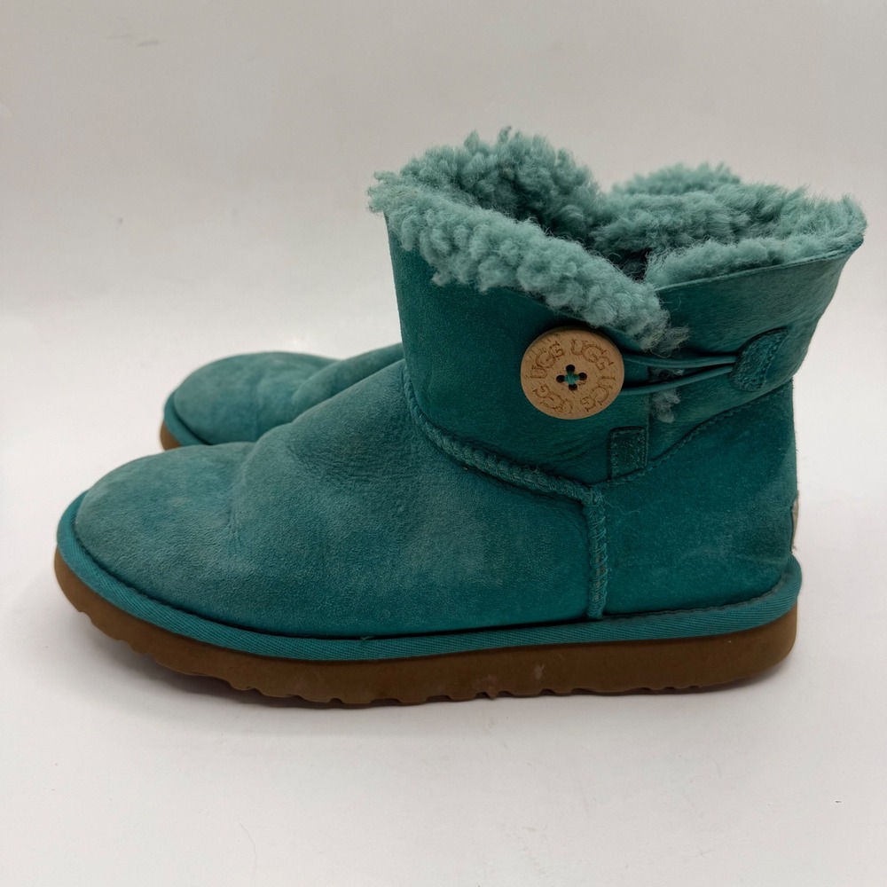 UGG Mini Bailey Button Teal Blue Green Sheepskin Boots 3352 Womens Sz 8